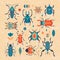 Square retro bugs and florals illustration. Vector poster design with beetles in colorful vintage style 1960s.