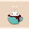 Square retro card with cute animal in cup in kawaii style. Vintage style card with lovely little bunny in cup. Can be used for t-