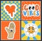 Square retro posters, sticker pack. Funny cartoon characters