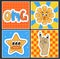 Square retro posters, sticker pack. Funny cartoon characters. Vector illustration of sun, star, hand and omg text