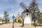 Square Santa Rita hermitage and windmill in Mota del Cuervo town, Province of Cuenca, Castilla La Mancha, Spain