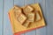 Square shortbread dietary cookies with russian samovar image for breakfast. Top view