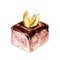 Square slice of cake with chocolate icing decorated with orange ground cherry. Sweet pastry watercolor illustration.