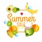 Square summer sale flyer with tropical flying fruit and ice cube.