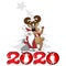 Square, tile, postcard - Santa Claus or Santa Claus hugs a deer on a gray Christmas tree background, bottom red numbers 2020