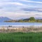 Square Utah lake shore panorama with distant houses