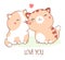 Square Valentine card with two sleeping fat kitty kawaii style. Greeting card with two cute little cats and inscription Love you