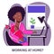 A square vector image of a black woman working at home with her baby near.