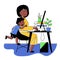 A square vector image of a black woman working at home with her child near.