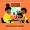 A square vector image of a black woman working at home with her children near.