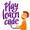 A square vector image of the boy who studies coding. A image for a flyer or a poster for the chidren coding school