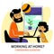 A square vector image of a man working at home with his child near