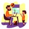 A square vector image of a man working at home with his child near.