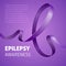 A square vector image with a purple ribbon as a symbol of epilepsy awareness. A world epilepsy day. A template for a medicine flye