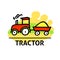 A square vector image of a tractor with a hind carriage in a field. Outline doodle illustration. A cute cartoon design
