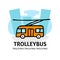 A square vector image of a trolleybus in the city. Outline doodle illustration. A cute cartoon design