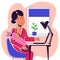 A square vector image of a woman working at home with her baby near.