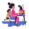 A square vector image of a woman working at home with her child near.