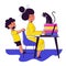 A square vector image of a woman working at home with her child near.
