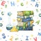 Square whimsical letters, dots and stars frame with stack of books and chemistry glassware composition, back to school, study