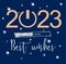 Square wish card 2023 best wishes written in English with a lot of stars on a blue background