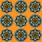 Squares and flowers. Seamless geometric pattern. Blue, orange, cyan colors.