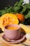 Squash soup and organic pumpkin fresh vegetables: corn, red pepp