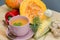 Squash soup and organic pumpkin fresh vegetables: corn, red pepp