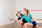 Squash sport - women playing on gym court