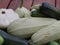 Squashes and patisons on a wooden terrace.