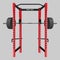 Squat rack. Heavy barbell on squat rack. Gym equipment.