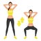 Squats exercise instruction. Young woman make squats with hands behind the head. Fit girl in sportswear. Vector