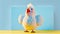 squawking chicken or squeaky toy are shouting and copy space pastel background. Generative AI illustration