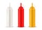 Squeeze bottle for sauce, ketchup realistic mockups set in white, red, yellow colors. Plastic containers.