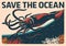 Squid animal in ocean water retro vector poster