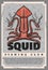 Squid calamary retro poster, fishing club