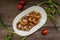 Squid rings in batter, deep fried. Wooden rustic table. Top view