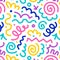Squiggle cute naive seamless pattern. Creative bright scribble abstract style. Colored naive background illustration