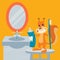 Squirrel brushes teeth, oral health prevention vector illustration. Cartoon character bathroom, washbasin, mirror and