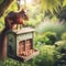 A squirrel dangles precariously from a rustic nut dispenser in an English garden