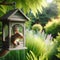 A squirrel dangles precariously from a rustic nut dispenser in an English garden