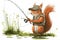 A squirrel in a fishing vest and baseball cap, standing on a grassy bank and fishing .