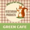 Squirrel green cafe banner vector illustration. Natural menu with vegetarian products. Cute, lovely character standing