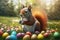 Squirrel holding colorful eggs. Generate Ai