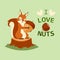 Squirrel hugging acorn and standing on wooden tree log with bark on grass banner vector illustration. Text I love nuts