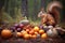 squirrel inspecting various nuts on forest floor