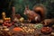 squirrel inspecting various nuts on forest floor