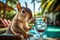 Squirrel lion is resting at the resort with a cocktail. AI generated.