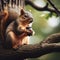 Squirrel sits on branch preparing acorns for hibernation