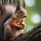 Squirrel sits on branch preparing acorns for hibernation